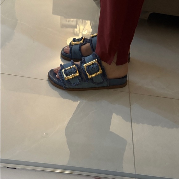 SCHUTZ Blue Sandals with Gold Buckles - Picture 2 of 6